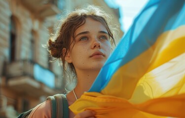 Young Woman Gazing Upwards Holding with Ukrainian National flag color blue and yellow