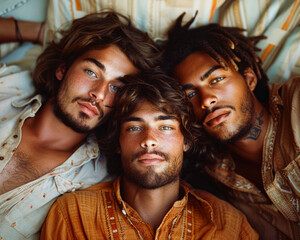 Diverse friends relaxing in a couch in tropical environment, summertime mood