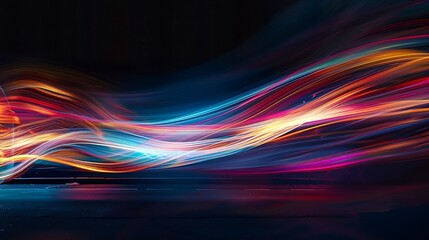 slow shutter speed, high-contrast lighting, vivid colors against a black background, sharp focus on light trails, hints of urban environment, reflections on water, soft ambient light, hd