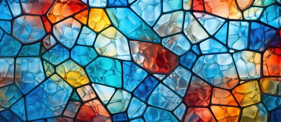 A detailed close up of a stained glass window, showcasing colorful patterns and textures created through the artistic use of glass pieces and lead strips.
