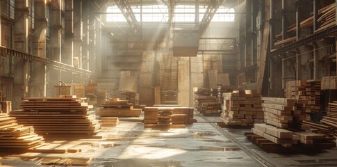 Dusty beams of light illuminating a timber mill's storeroom