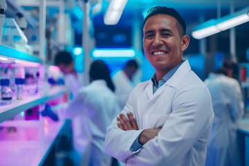 A proud Latino man, clad in a lab coat, stands with confidence in a high-tech research facility. Behind him, scientists diligently work on futuristic equipment. With a confident smile and arms crossed - obrazy, fototapety, plakaty