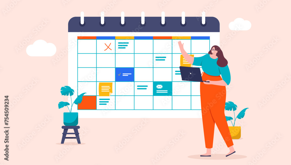 Aufkleber Project manager woman - Person with laptop computer using and pointing at calendar with appointments and schedule. Project management occupation concept in flat design cartoon style vector