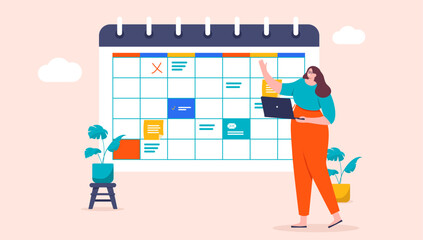 Project manager woman - Person with laptop computer using and pointing at calendar with appointments and schedule. Project management occupation concept in flat design cartoon style vector