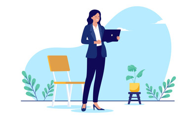 Professional woman with laptop - Female businessperson standing with computer in hands smiling dressed in casual business clothes. Flat design vector illustration with white background