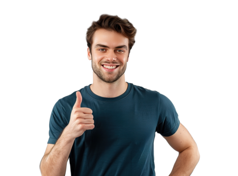 a man in blue t-shirt shows sign OK with one hand on isolated white background, cutout, png