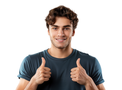 a man in blue t-shirt shows sign OK with two hands on isolated white background, cutout, png