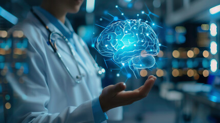 Doctor and advancements innovations with new medical technology and healthcare treatment to diagnose and treatment in brain disease. - obrazy, fototapety, plakaty