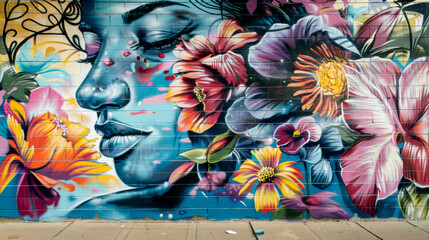 Naklejka premium street art backdrop with a colorful mural of a woman's face surrounded flowers painted on an urban brick wall