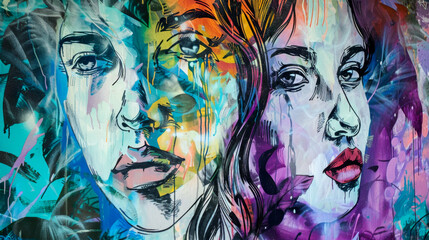 colorful mural featuring abstract faces blended in a whirlwind of expressive brush strokes and graffiti elements