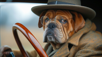 A dog wearing a hat and glasses looks serious while driving a vintage car, evoking a human-like persona
