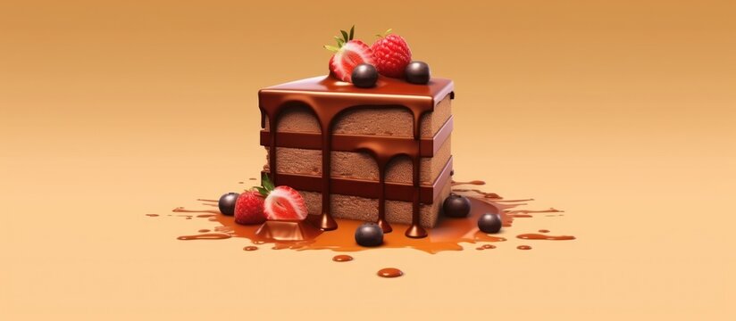 A slice of chocolate cake with icing and fresh berries on a yellow and white background