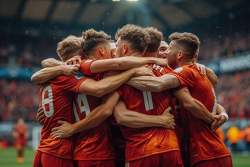 Celebratory moment with players embracing after a successful goal, epitomizing teamwork and victory in football