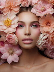 Close up portrait of a beautiful young woman's face surrounded with many pink flower blooms.