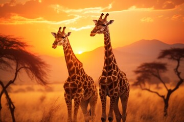 title. pair of majestic giraffes standing in the beautiful savannah landscape wildlife,