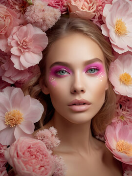 Close up portrait of a beautiful young woman's face with pink makeup surrounded with many flower blooms.