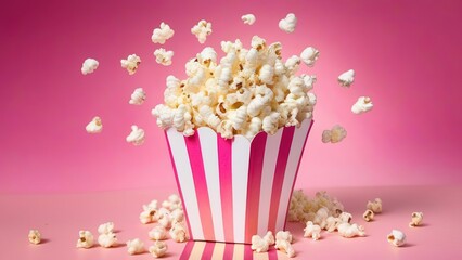 Popcorn in a striped glass on a pink background. A flat-style movie theater icon. . A large red and white striped box with popcorn
