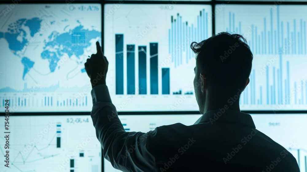 Poster a silhouette of a person with a business analysis virtual display on screen.