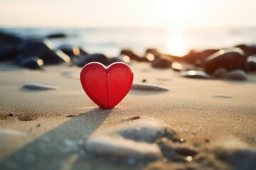 A single wooden heart standing on the sand with tranquil ocean waves and sunset in the background. - obrazy, fototapety, plakaty