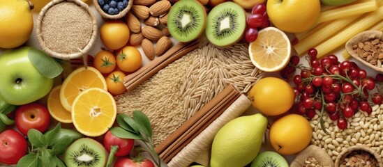 grains, fruit and vegetables Nutritious natural ingredients containing vitamins, healthy eating...