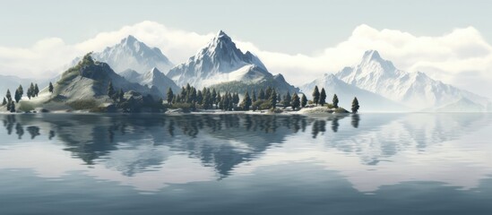 Panorama of mountain peaks with calm and clear lakes with reflected shadows - obrazy, fototapety, plakaty