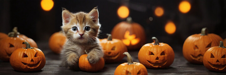 Funny kitten raised his paws up, among small jack-o'-lantern pumpkins  