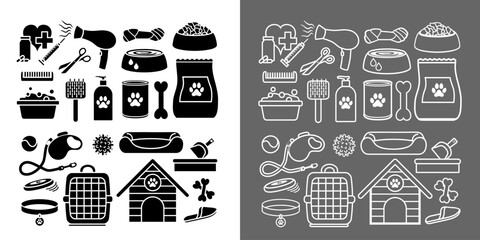 Série de pictogrammes d’objets pour les chiens dessinés en silhouette noire et en contour blanc.