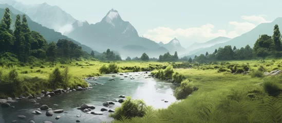  River in the mountains with rocks, grass on the river bank. Beautiful mountain views © Muhammad