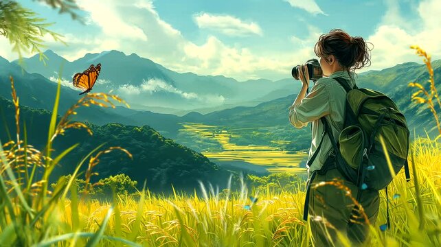 Woman with camera in the paddy field. Seamless looping time-lapse 4k video animation background