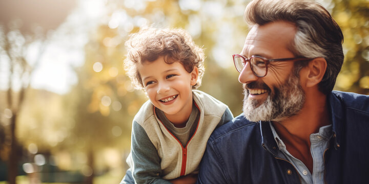 Father's day, Happy family son hugging dad and laughs, Happy father getting congratulations from kids.