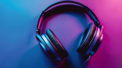A black headphones on pink and blue background.