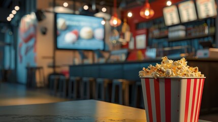 A popcorn bucket and cinemas movie theater.
