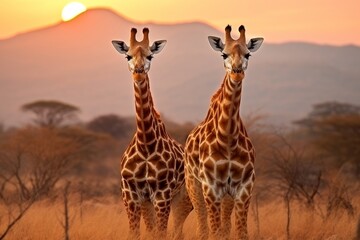 Pair of majestic giraffes standing gracefully in the vast and stunning african savannah landscape