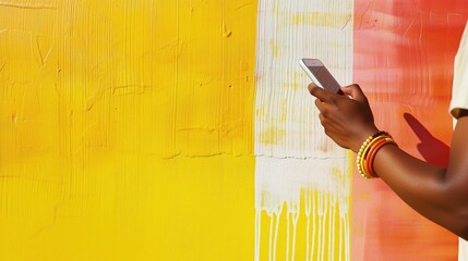 Młoda osoba trzymająca w ręku telefon komórkowy i przeglądająca zawartość ekranu przed tłem pomalowanym na trój kolorowy, żółty, biały i pomarańczowy - obrazy, fototapety, plakaty