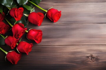 Naklejka na ściany i meble A bunch of fresh red roses laid diagonally on a dark wood surface, symbolizing romance. Vibrant Red Roses on Wooden Background