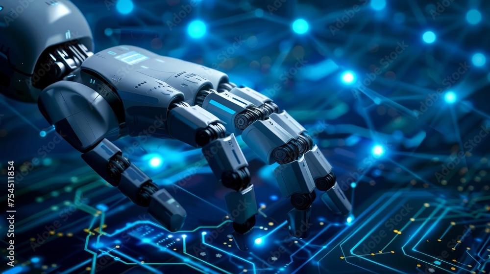 Poster a humanoid robot' s hand with business data analysis on screen.