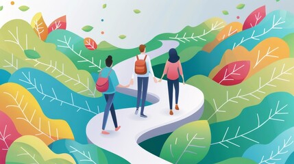 A group of people walking on a natural route together. Customer journey concept