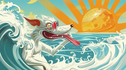Zabawny biały pies z dugim językiem i okularami surfuje na fali na luzaku - obrazy, fototapety, plakaty