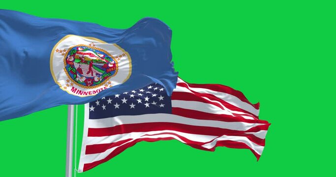 Minnesota state flag waving with national US flag isolated on green background