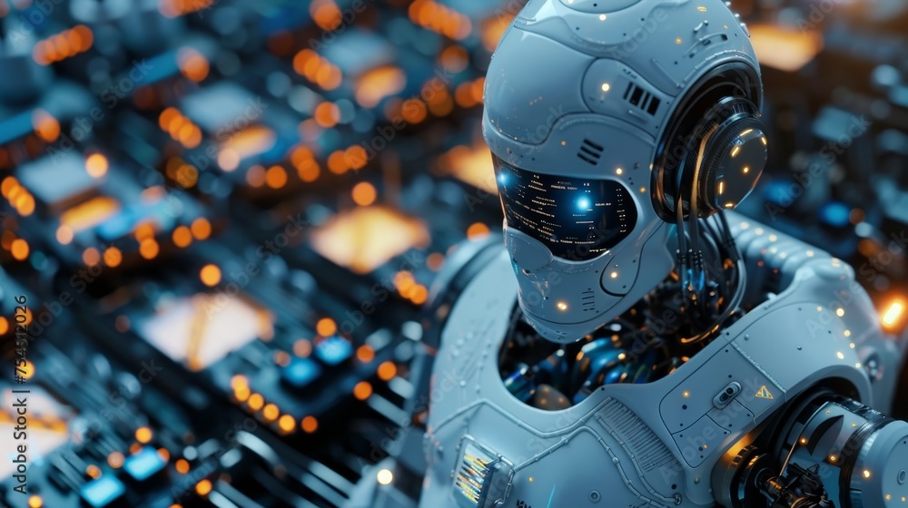 Poster a humanoid robot with business data analysis on screen.