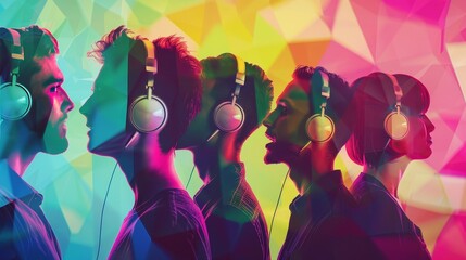 A Group Of People Wearing A Headset With A Colorful Background. - obrazy, fototapety, plakaty