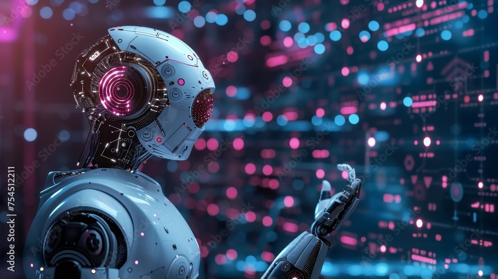 Poster a humanoid robot with business data analysis on screen.