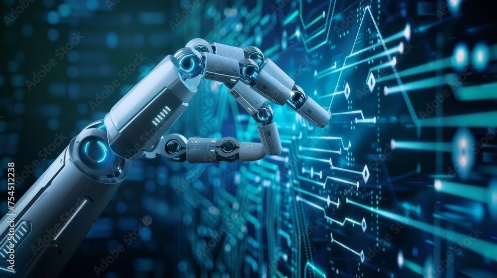 Poster a humanoid robot's hand with business data analysis on screen.