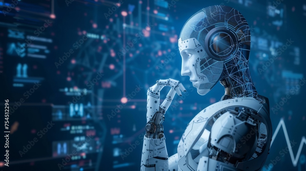 Poster a humanoid robot with business data analysis on screen.
