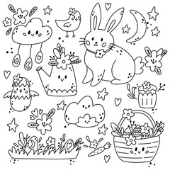 Easter line set with bunny, basket, flowers, eggs, chick and design elements. Easter illustration with festive animals in boho style. Ideal for kids room decoration, clothing, prints.