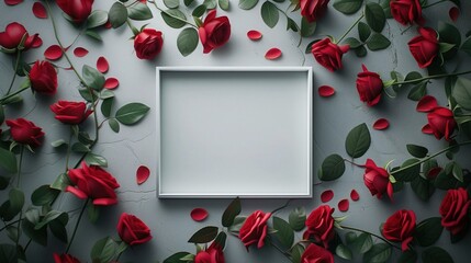 Biały ramka otoczona intensywnie czerwonymi różami, idealna na prezent walentynkowy.  - obrazy, fototapety, plakaty