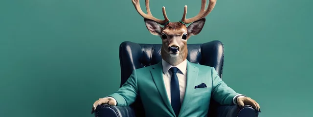 Foto auf Leinwand Trendy Christmas Rudolph deer with sunglasses and business suit sitting like a Boss in chair. © Darian
