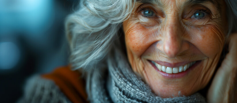 Portrait of Charming Senior Aged Woman With Gray Hair and Blue Eyes, Wrinkles in Warm Sweeter, Blue Bokeh on Background Smiling with Teeth Older Female. Happy Pensioner, Retirement. AI Generated