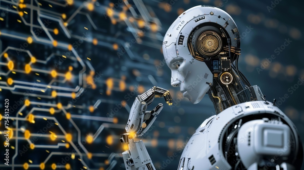 Poster a humanoid robot with business data analysis on screen.