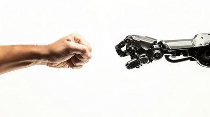 Na obrazie widać rękę człowieka sięgającą w kierunku metalowego ramienia robota. Dłonie zbliżają się do siebie w celu zbicia pięści na zgodę. - obrazy, fototapety, plakaty